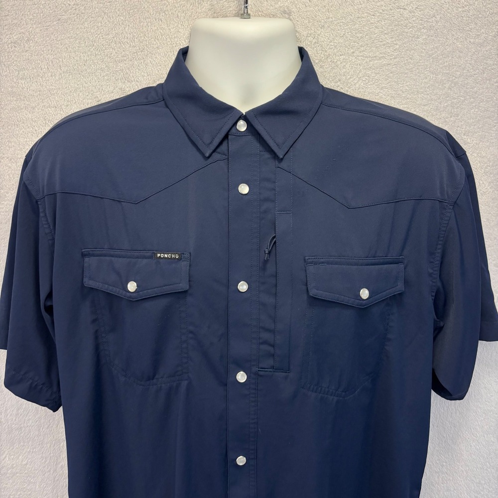 Poncho Del Mar Pearl Snap Western Shirt Mens Medium M Navy Blue Short Sleeve - Picture 2 of 13
